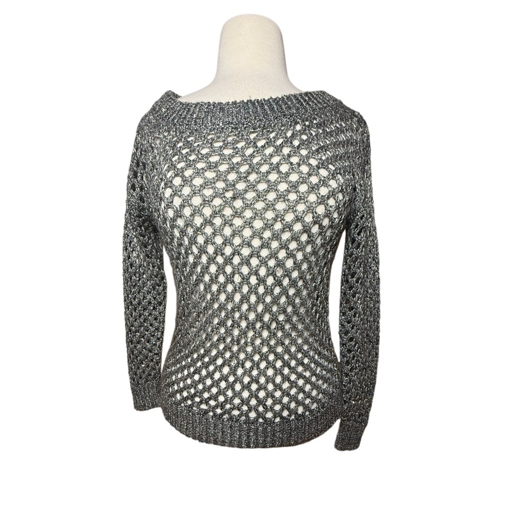 White House Black Market Metallic Gray Open-Knit Sweater
